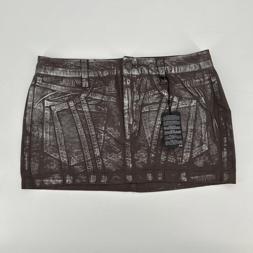 Forever 21 Metallic Print Mini Skirt Womens L Silver Jeans Graphic Y2K Style
